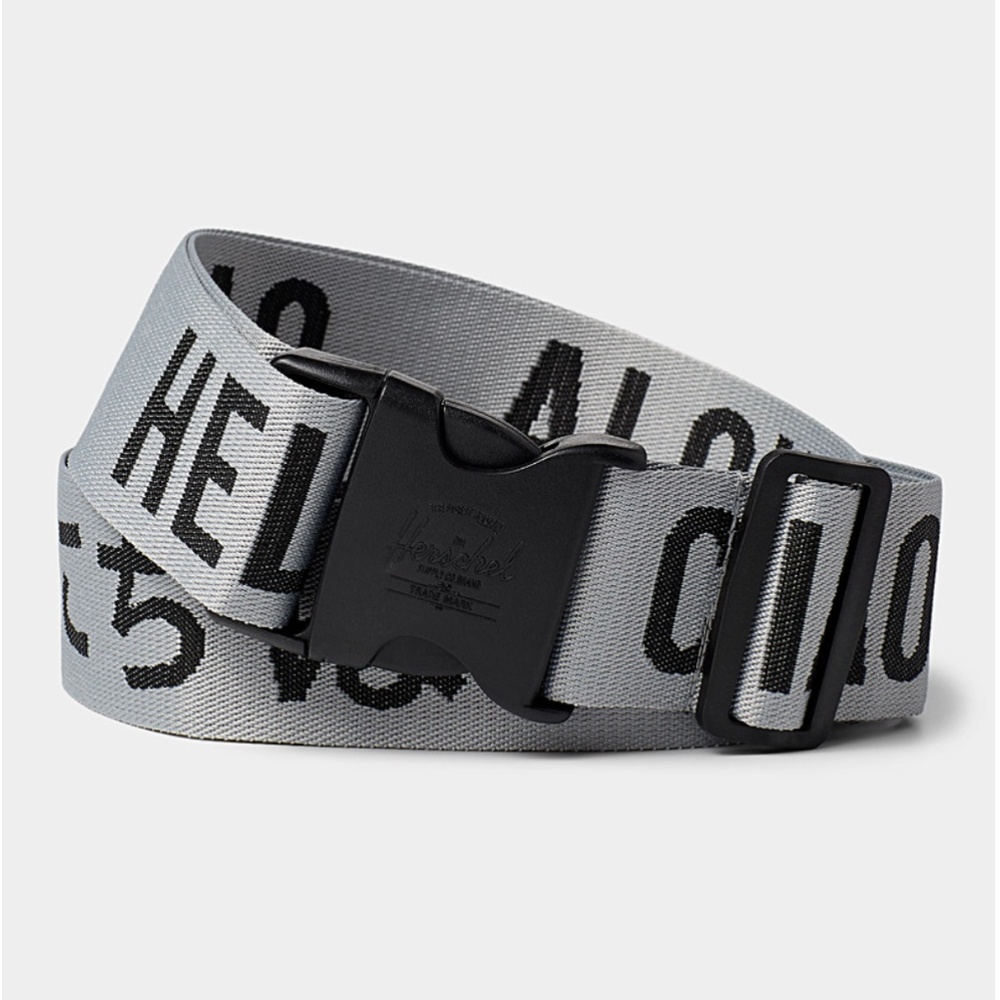 Hershel gray and black multilingual Hello adjustable luggage belt NWT